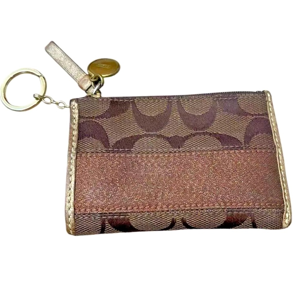 Coach Brown & Bronze Signature Stripe Mini Skinny Card Case Wallet Keychain *EUC